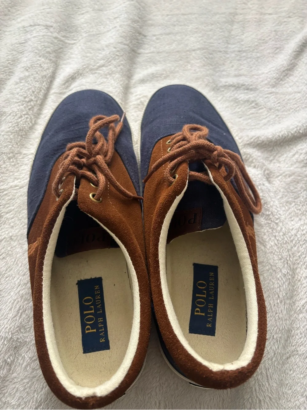 Ralph Lauren Men Two-Tone Navy and Brown Canvas Boat Shoes Size 9.5